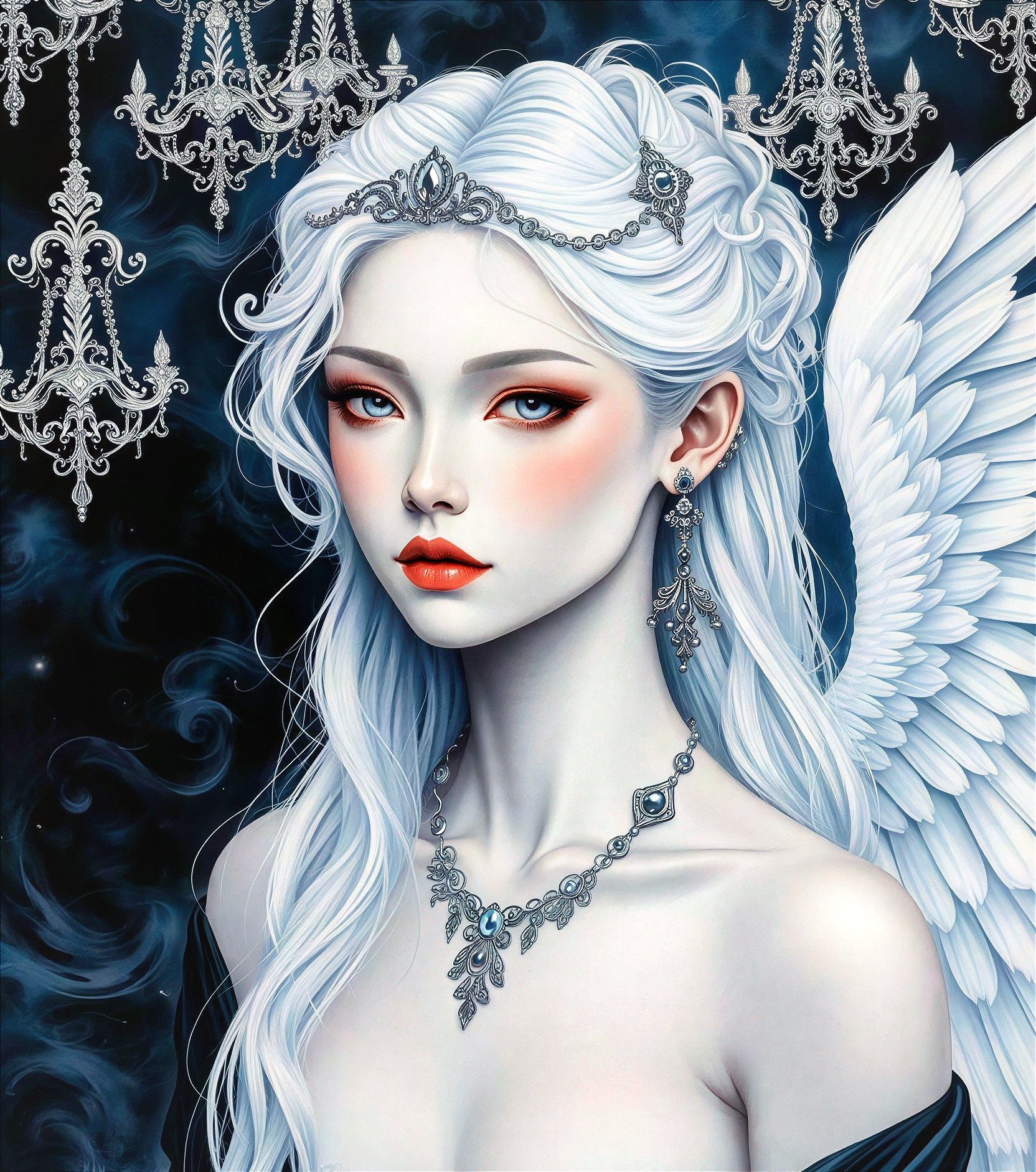 Close-up Portrait of a Woman with White Hair and Jewelry