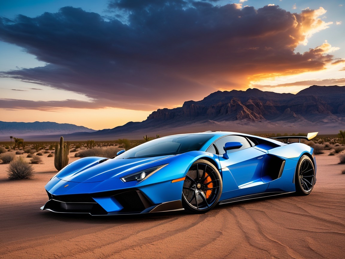 Sleek Blue Lamborghini Aventador in Desert Sunset