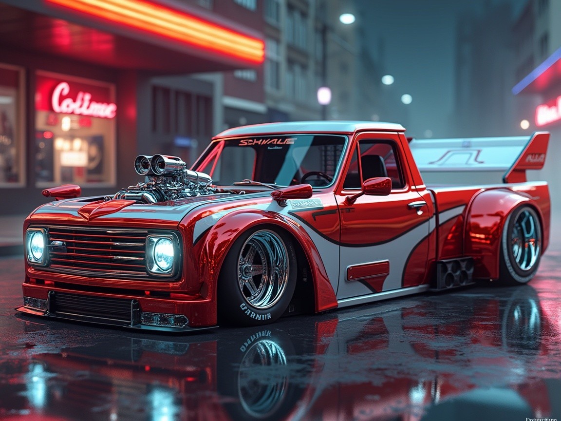 Modified Red Pickup Truck with Sleek Design Elements