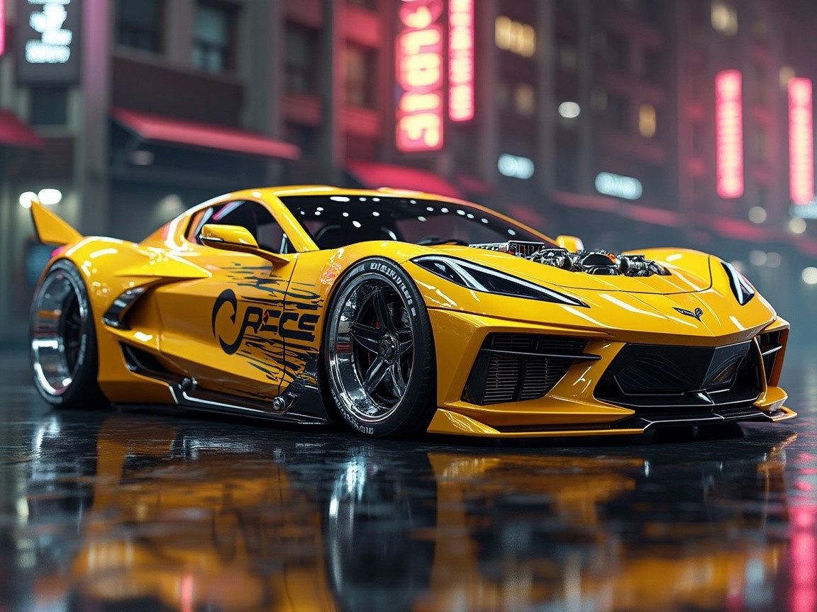 Yellow Sports Car on Reflective Night City Street