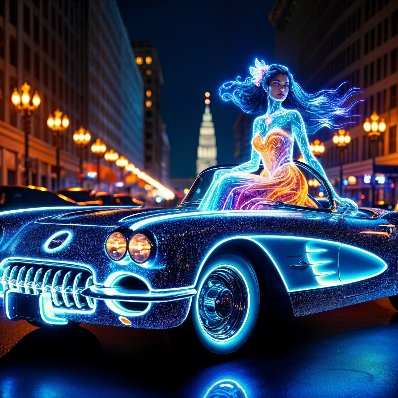 Neon City Scene with Woman on Classic Corvette