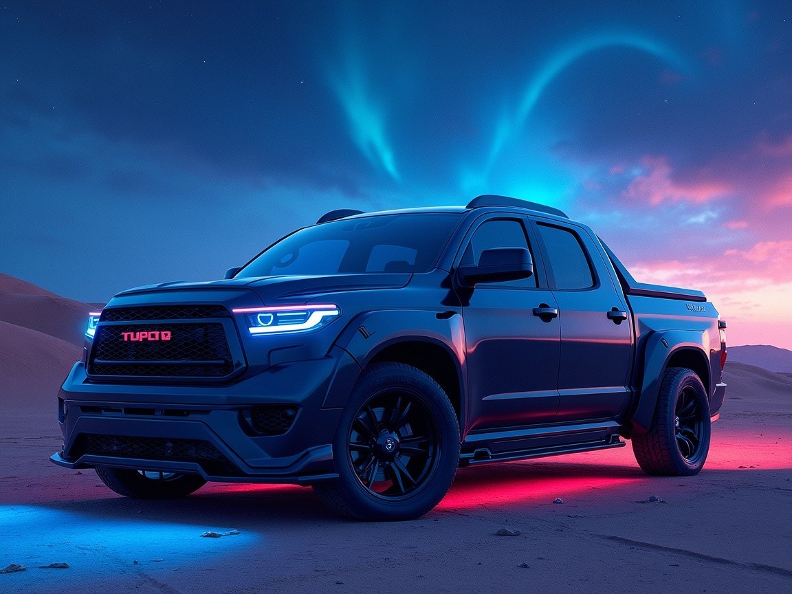 Matte Black Pickup Truck in Desert with Northern Lights
