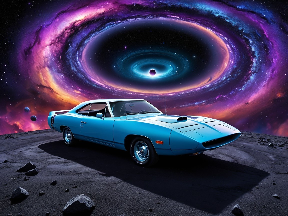 Vintage Blue Muscle Car on Asteroid Surface with Galaxy