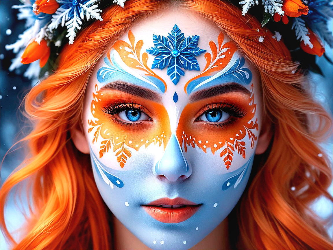 Young woman with orange hair and floral crown in winter