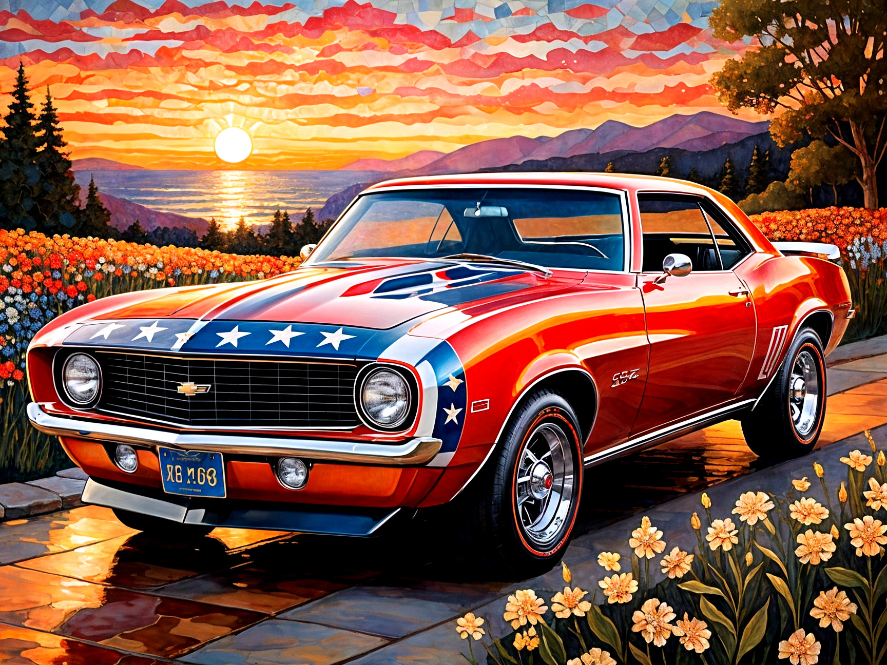 Classic Muscle Car in Vibrant Sunset Landscape