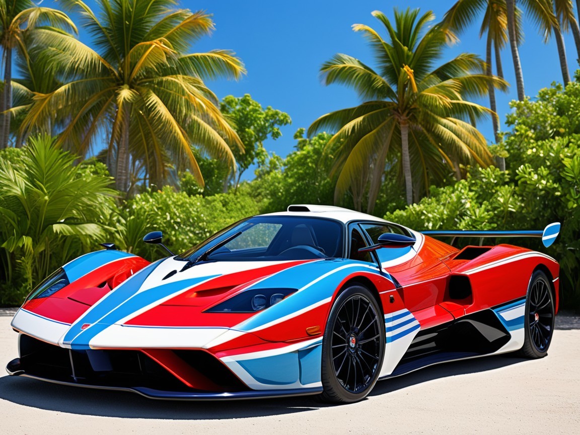 Race Car on Beach with Red, White, and Blue Livery