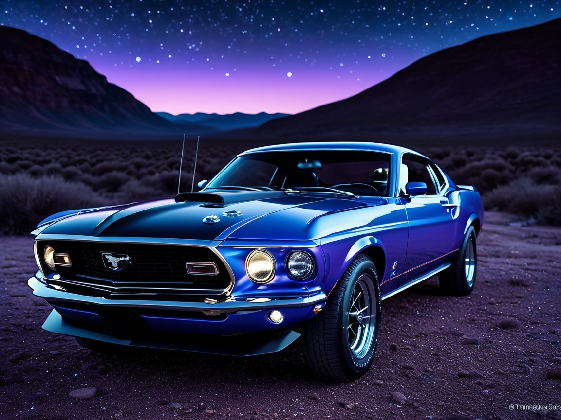 1969 Ford Mustang in Desert at Twilight Sky
