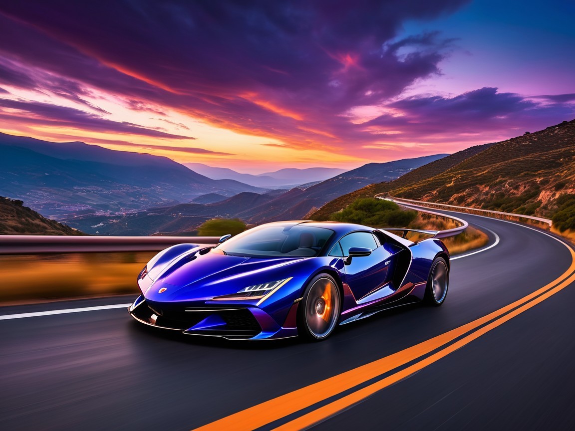Purple Sports Car on Winding Mountain Road at Sunset
