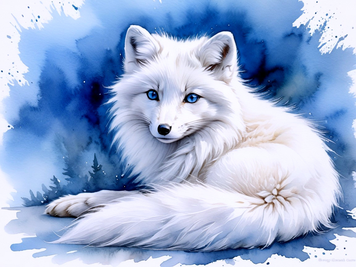 Watercolor painting of a white arctic fox with blue eyes