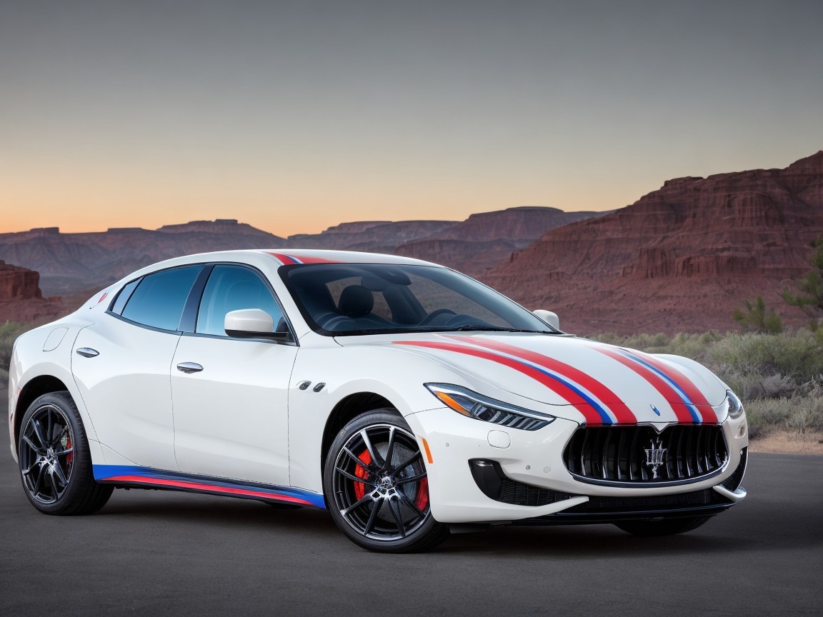 White Sports Sedan with Racing Stripes at Sunset