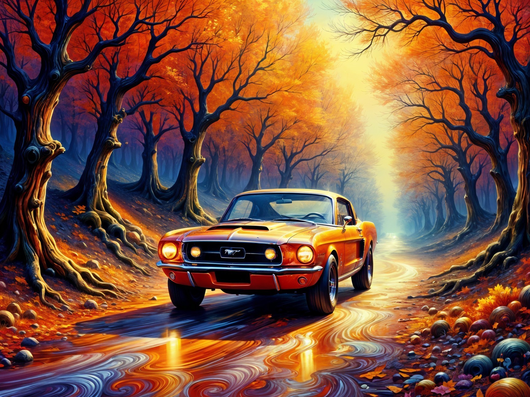 Vibrant Autumn Scene with Classic Orange Mustang