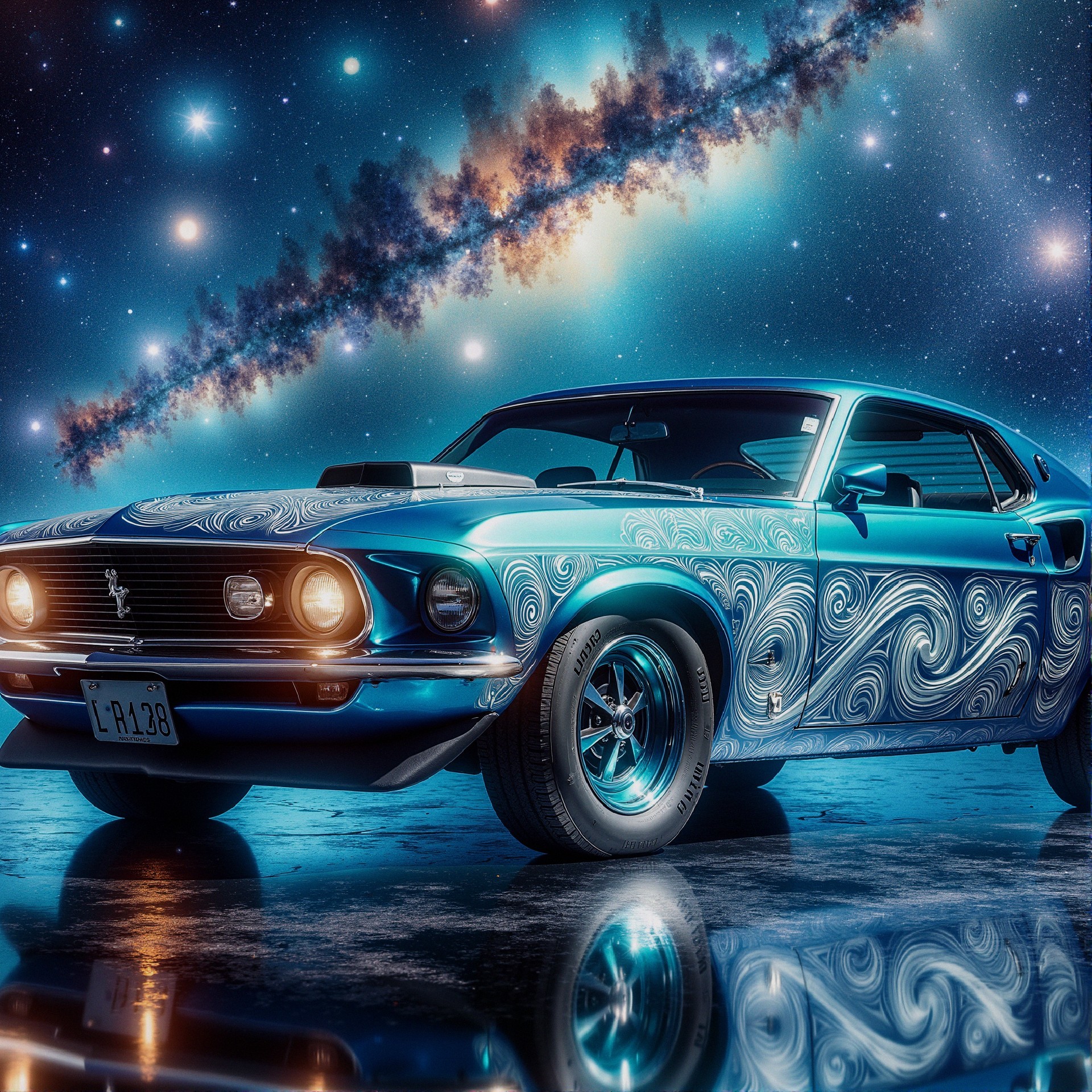 Vintage 1960s Car with Blue and White Patterns in Space