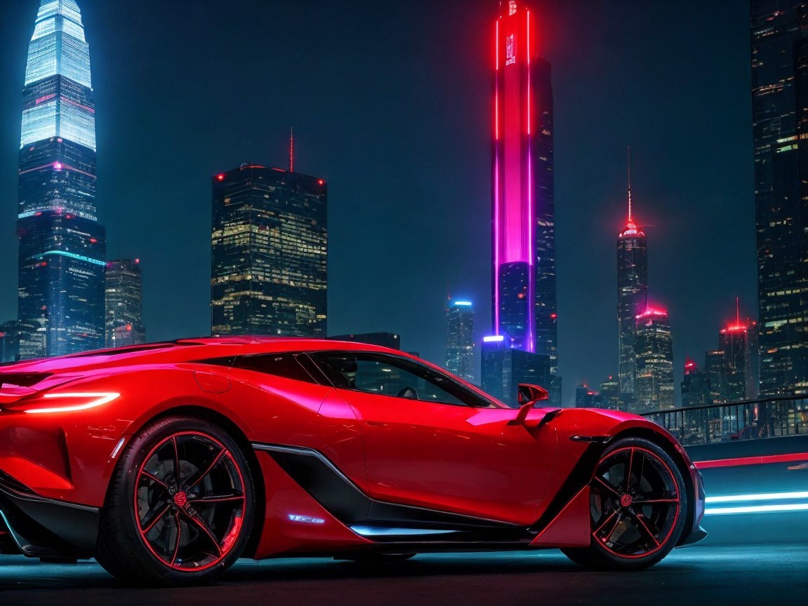 Red Sports Car Against Vibrant City Skyline at Night