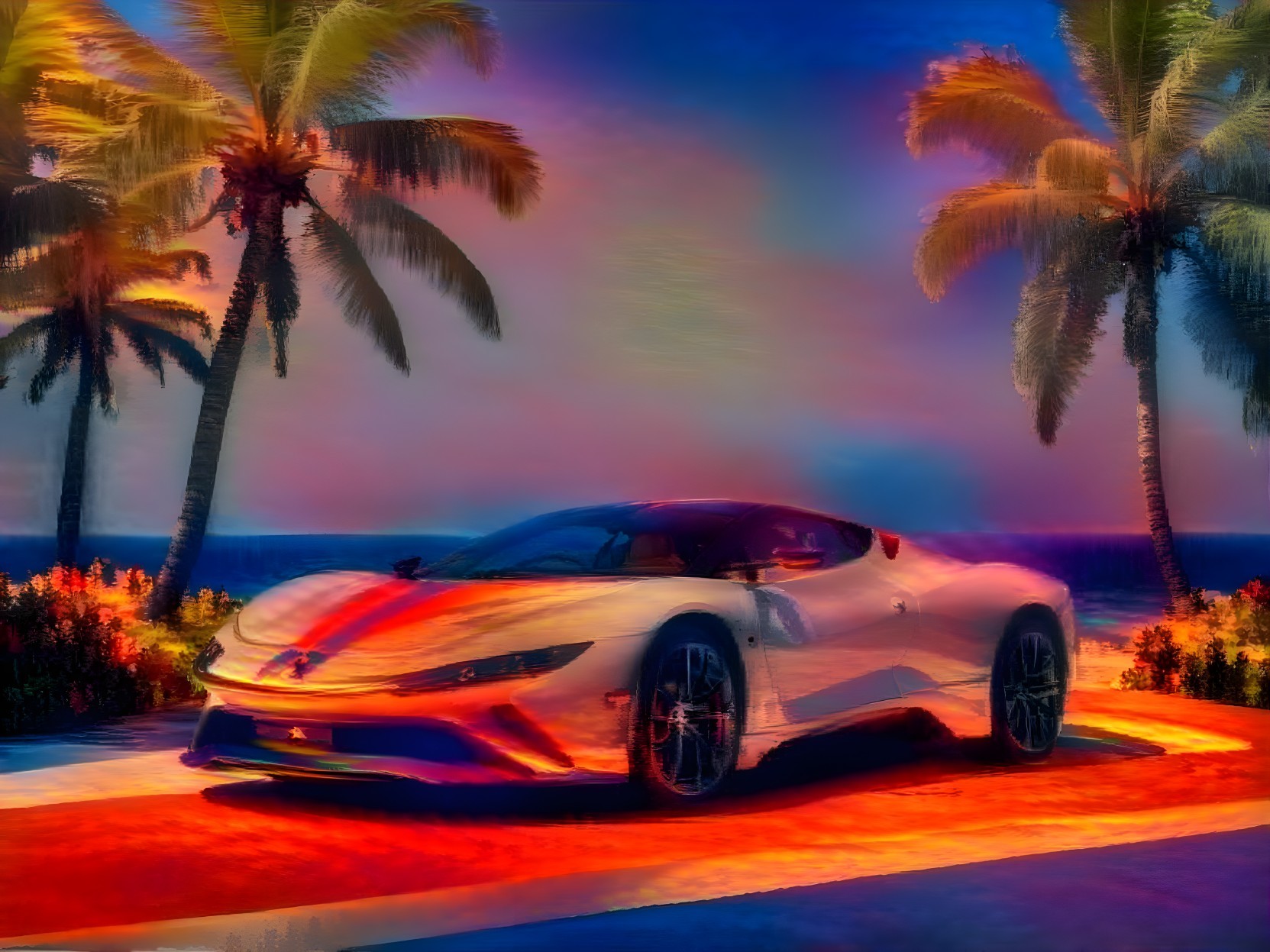 Futuristic sports car under colorful sunset and palm trees