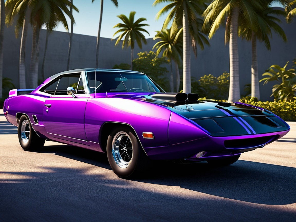 Vintage purple sports car under palm trees