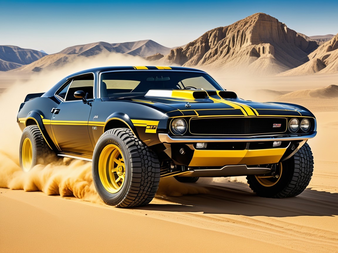 Muscle Car Racing in Desert Landscape with Mountains