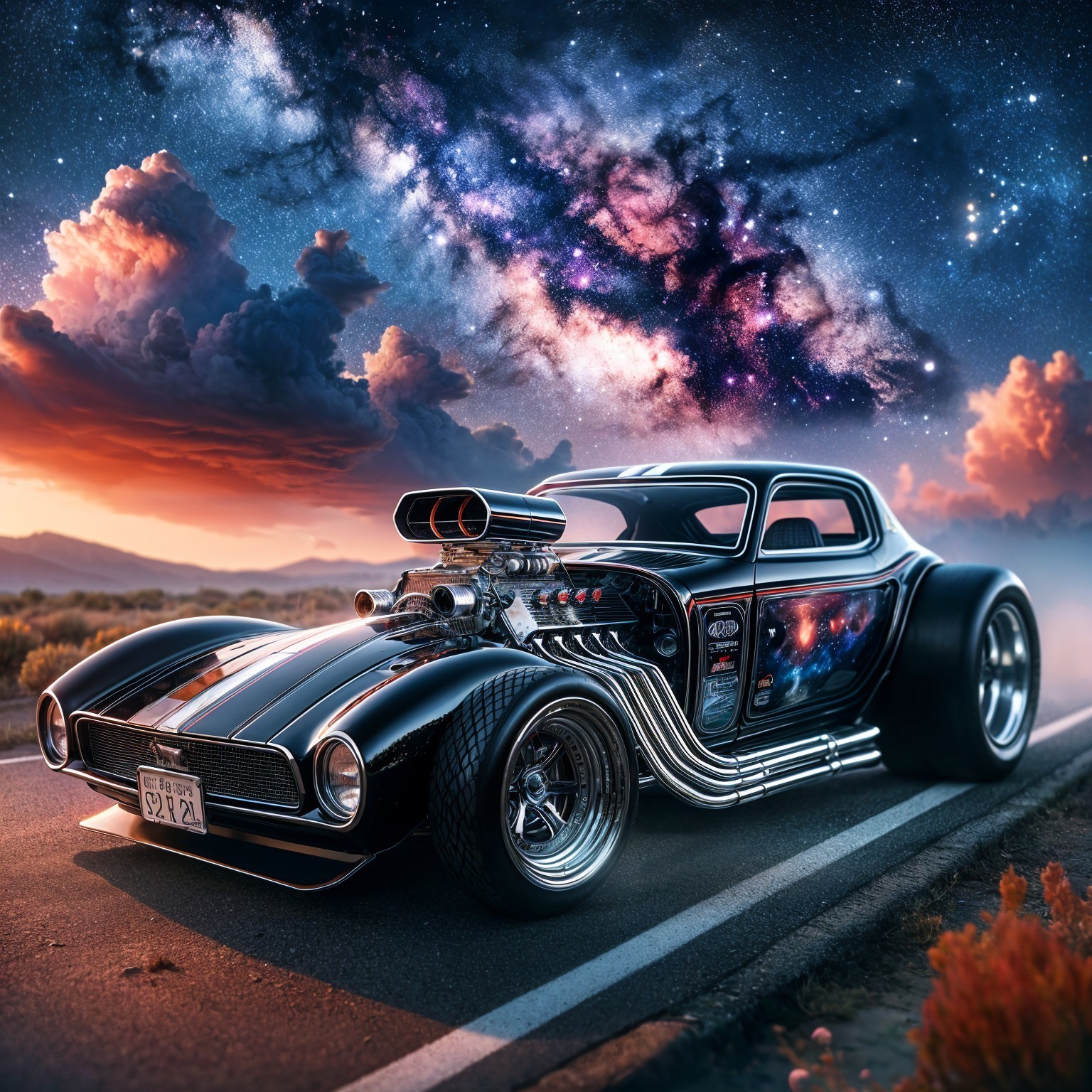 Futuristic Hot Rod on Empty Road with Cosmic Sky