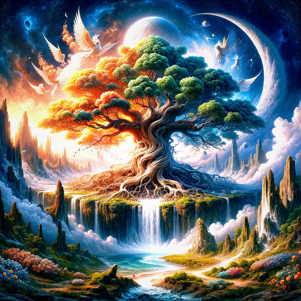 Majestic Tree with Ethereal Creatures in Cosmic Landscape