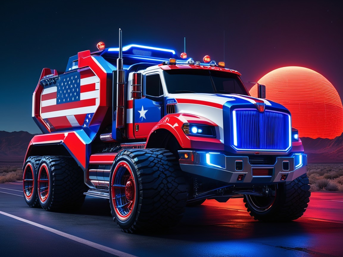 Futuristic Truck with American Flag Design at Sunset