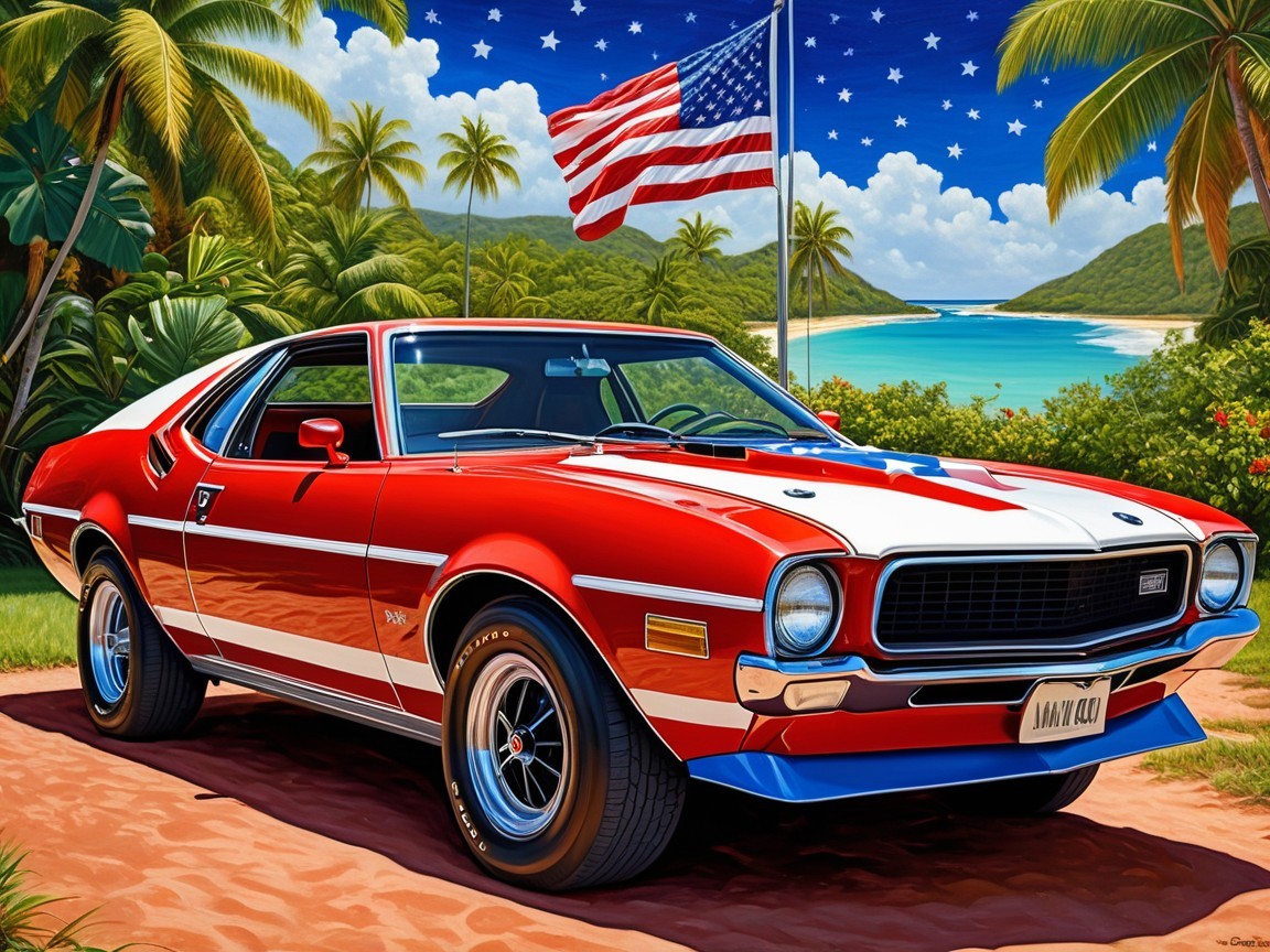 Classic Red and White Car on Sandy Beach with Ocean View