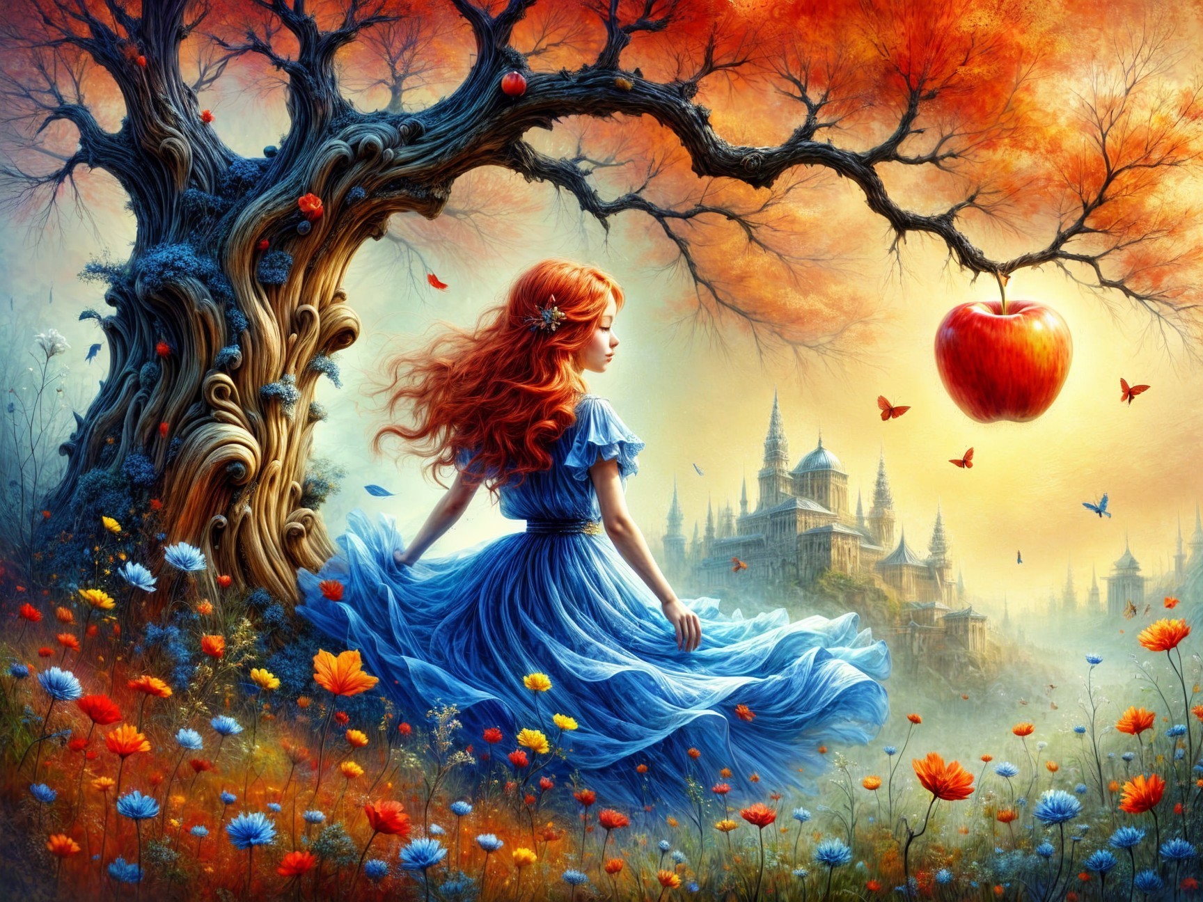 Whimsical Meadow Scene with Young Woman and Castle