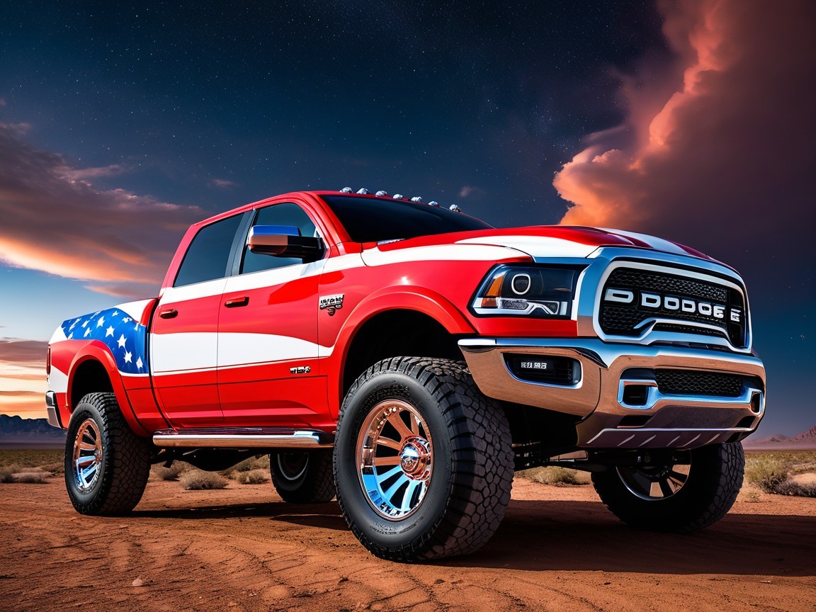 Red Pickup Truck with American Flag at Sunset