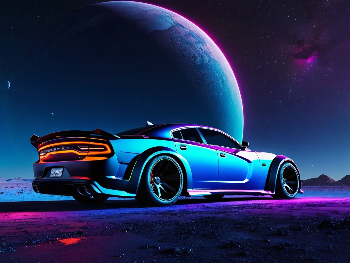 Futuristic Car on Alien Landscape with Starry Sky