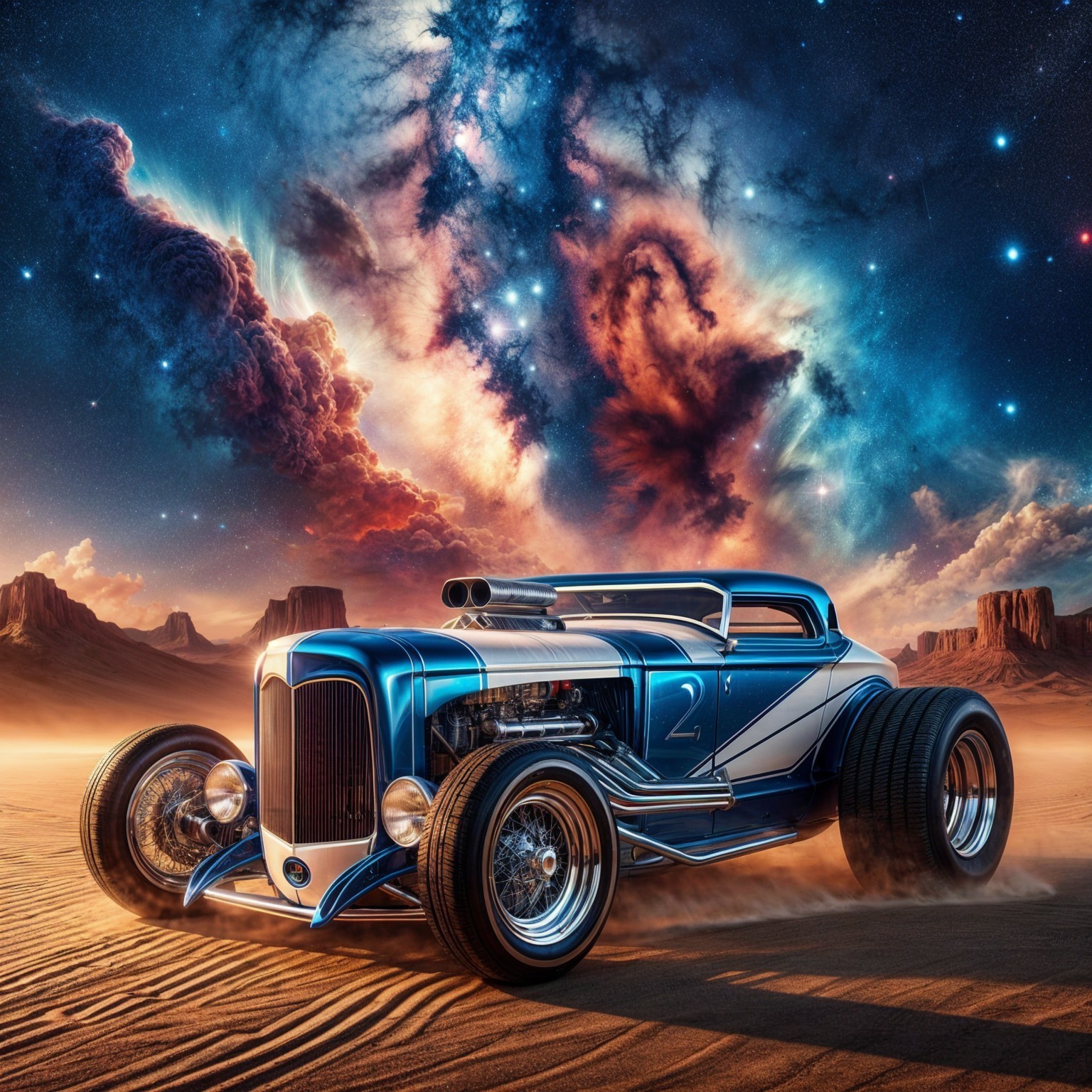 Classic Blue Hot Rod in Vibrant Desert Landscape