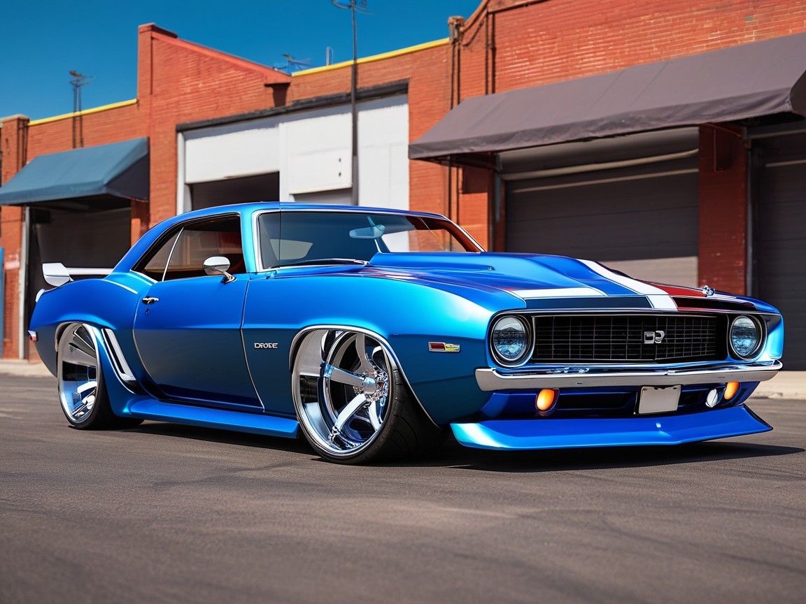 Blue Muscle Car with Sleek Design and Urban Backdrop