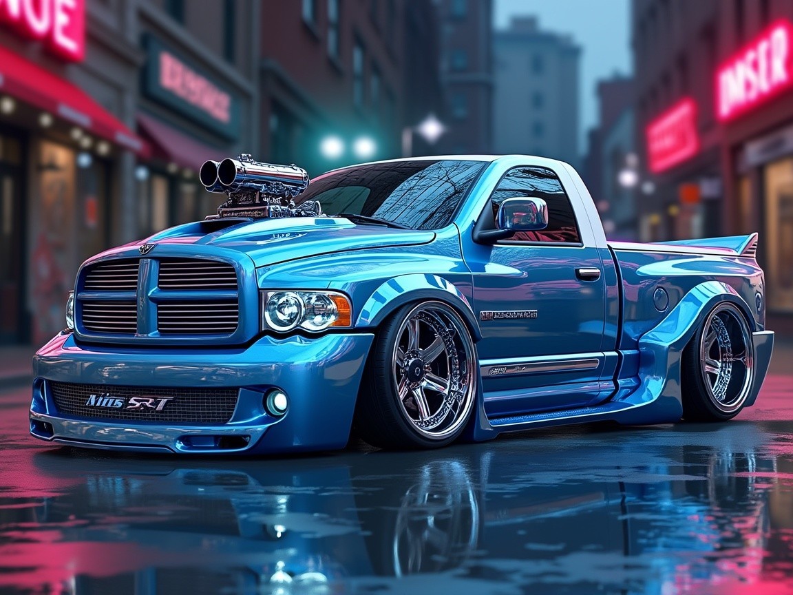 Customized Blue Dodge Pickup Truck with Supercharger