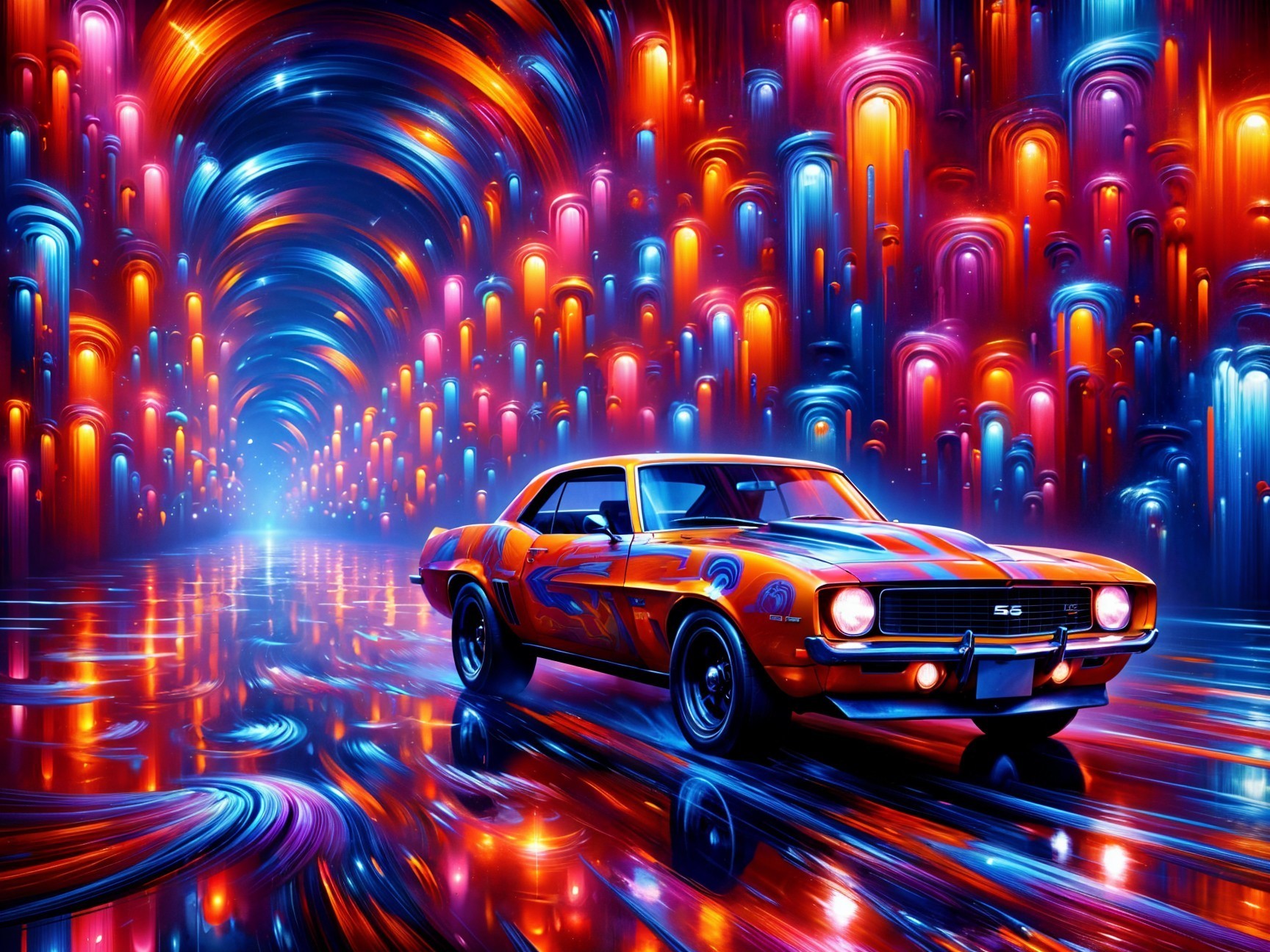 Psychedelic Scene with Muscle Car in Glowing Tunnel