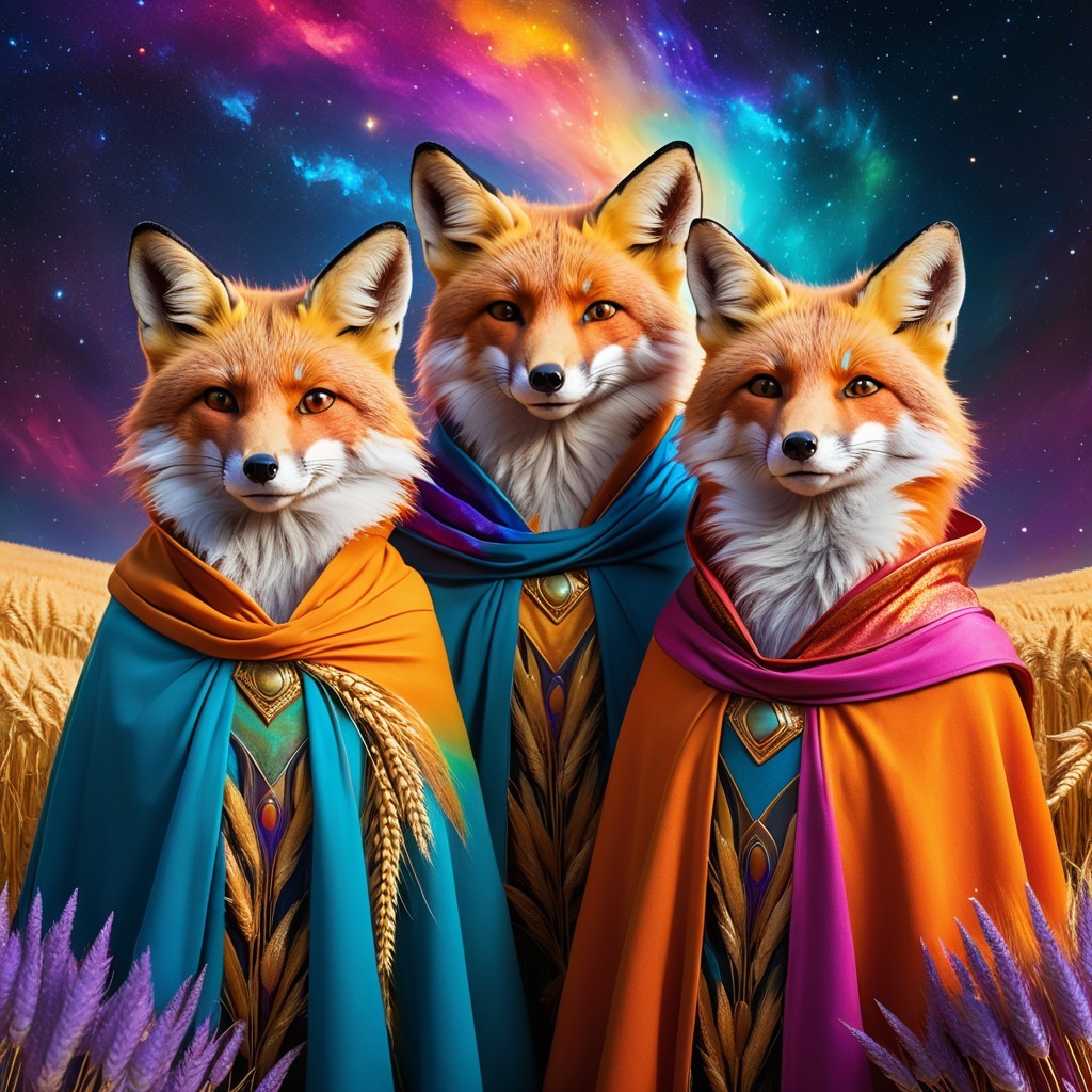 Majestic foxes in vibrant cloaks against a cosmic backdrop