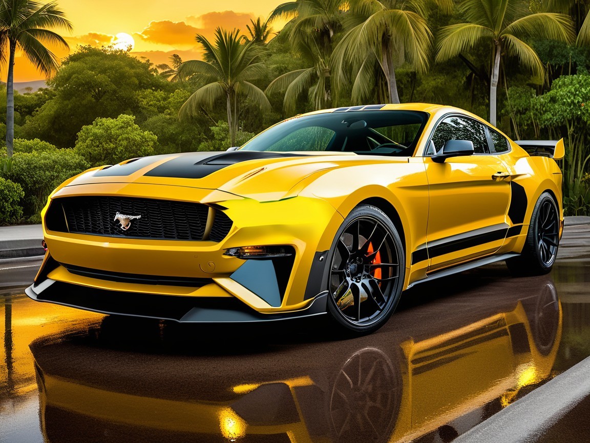 Yellow Sports Car with Black Stripes in Tropical Setting
