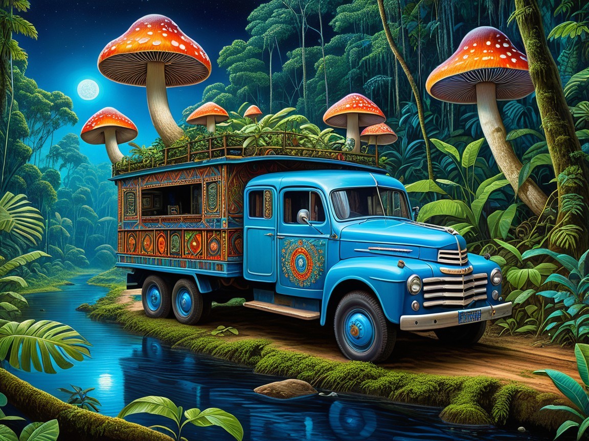 Vintage blue truck by jungle stream with mushrooms