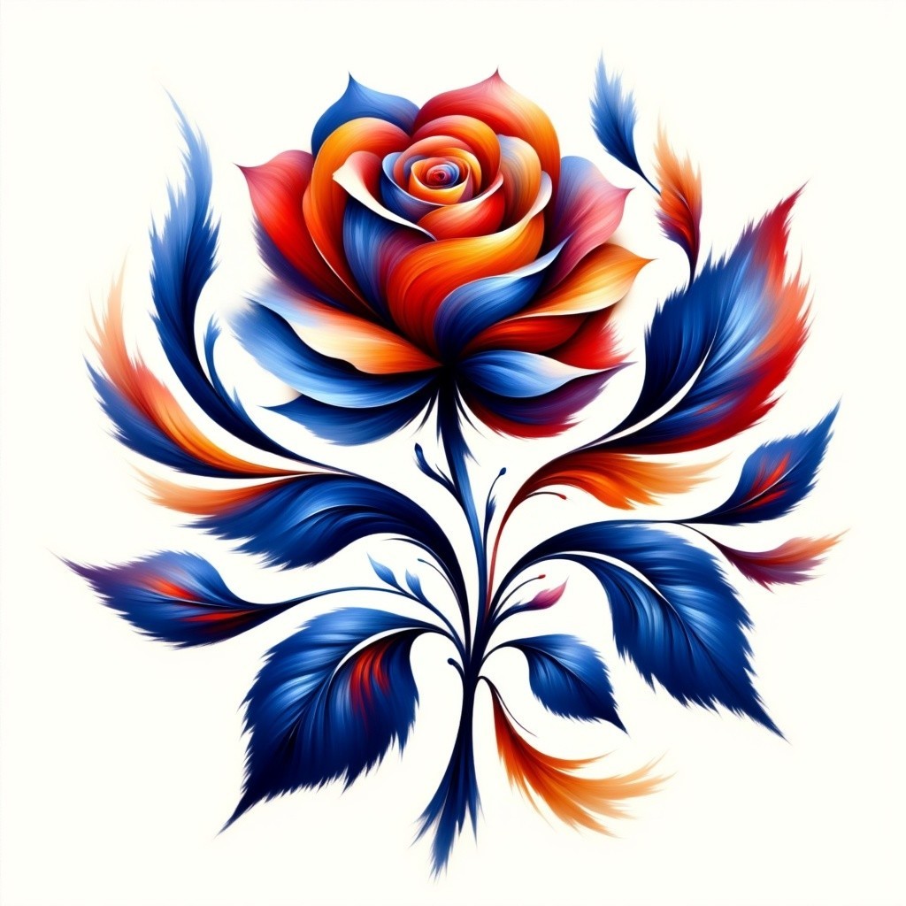 Vibrant Stylized Rose with Colorful Leaves Illustration