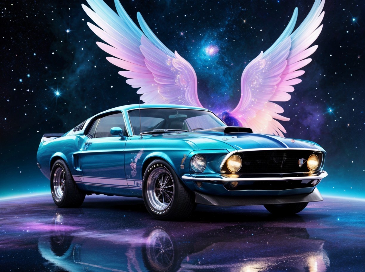 Vintage Blue Muscle Car Against Cosmic Background