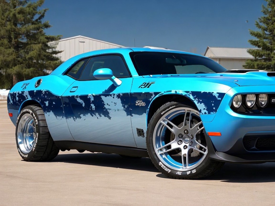 Blue Muscle Car with Sleek Design and Bold Graphics