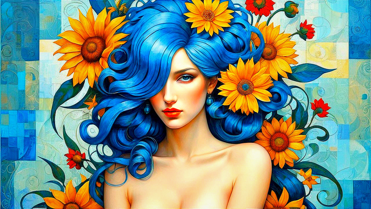 Close-up of a woman with blue hair and floral accents