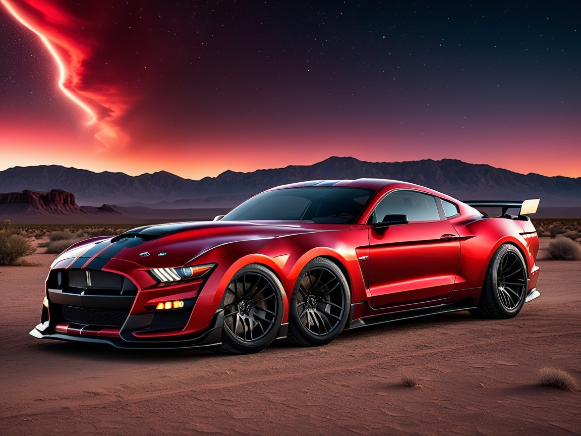 Red Sports Car with Black Stripes in Desert Sunset