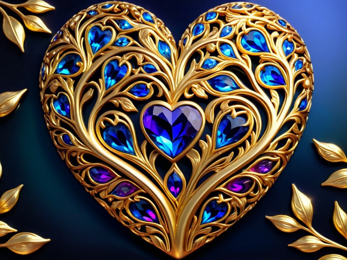 Intricate Heart Design with Golden Vines and Gemstones