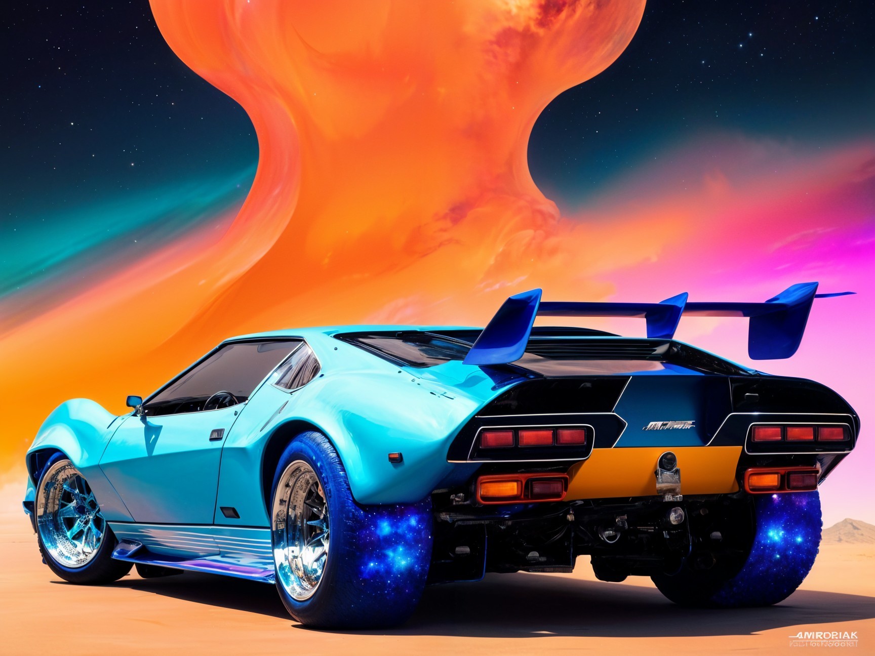 Vibrant Blue Sports Car in Surreal Landscape