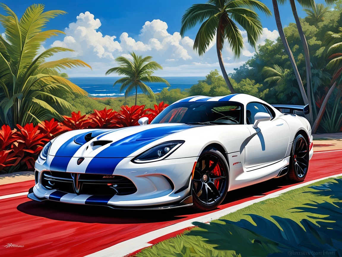 White Sports Car with Blue Stripes on Red Road