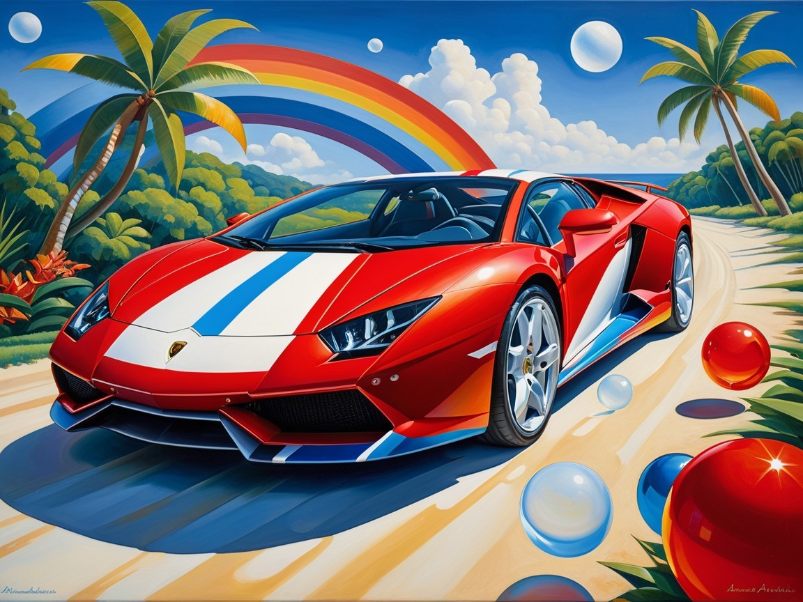 Vibrant Sports Car Scene with Palm Trees and Rainbow