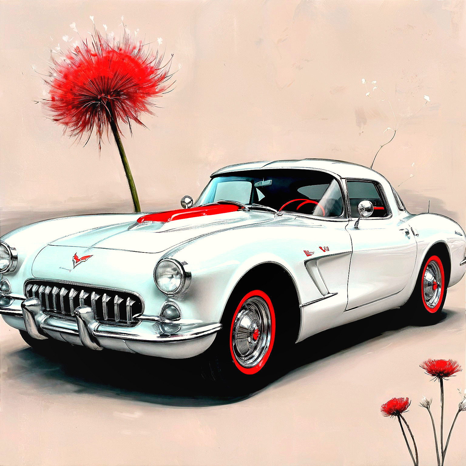 Classic White Corvette with Red Accents and Flowers