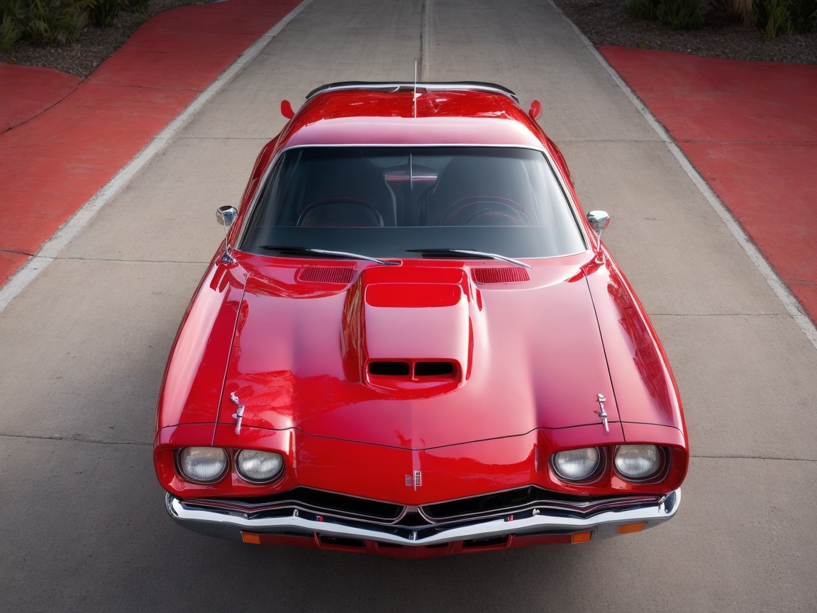 Aerial View of a Classic Red Muscle Car