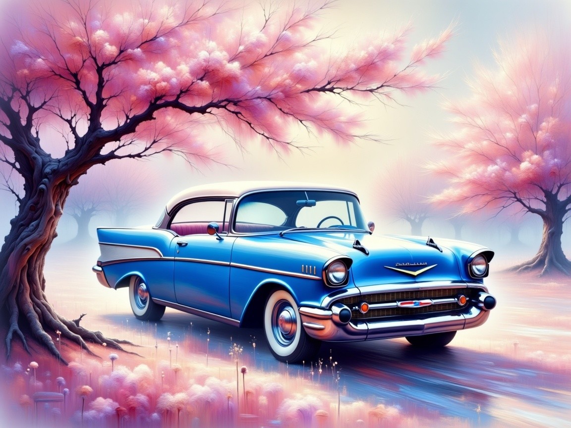 Vintage 1957 Chevrolet Under Blossoming Pink Tree