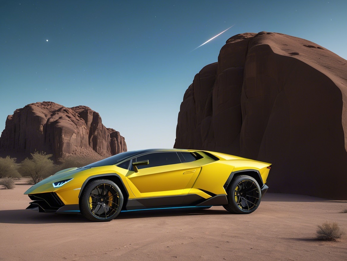 Yellow Supercar in Desert with Red Rock Formations