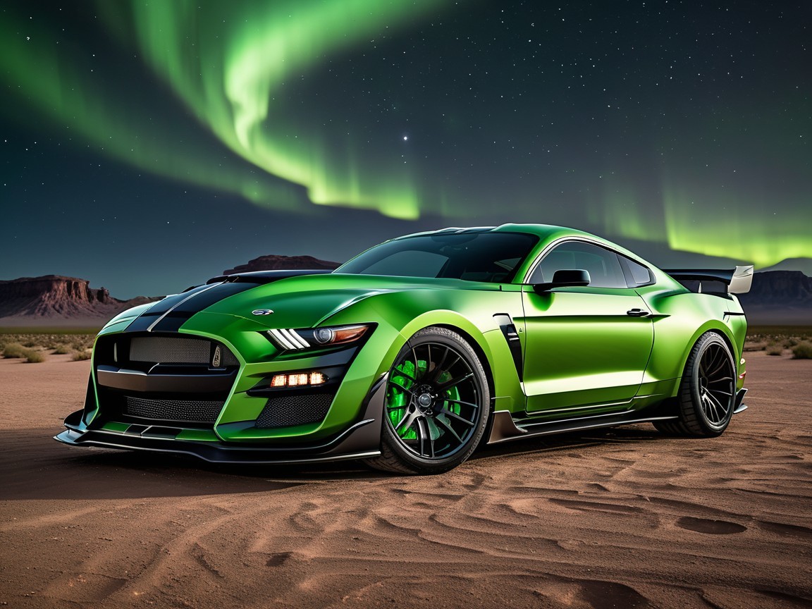 Green Shelby Mustang GT500 in Desert Under Northern Lights