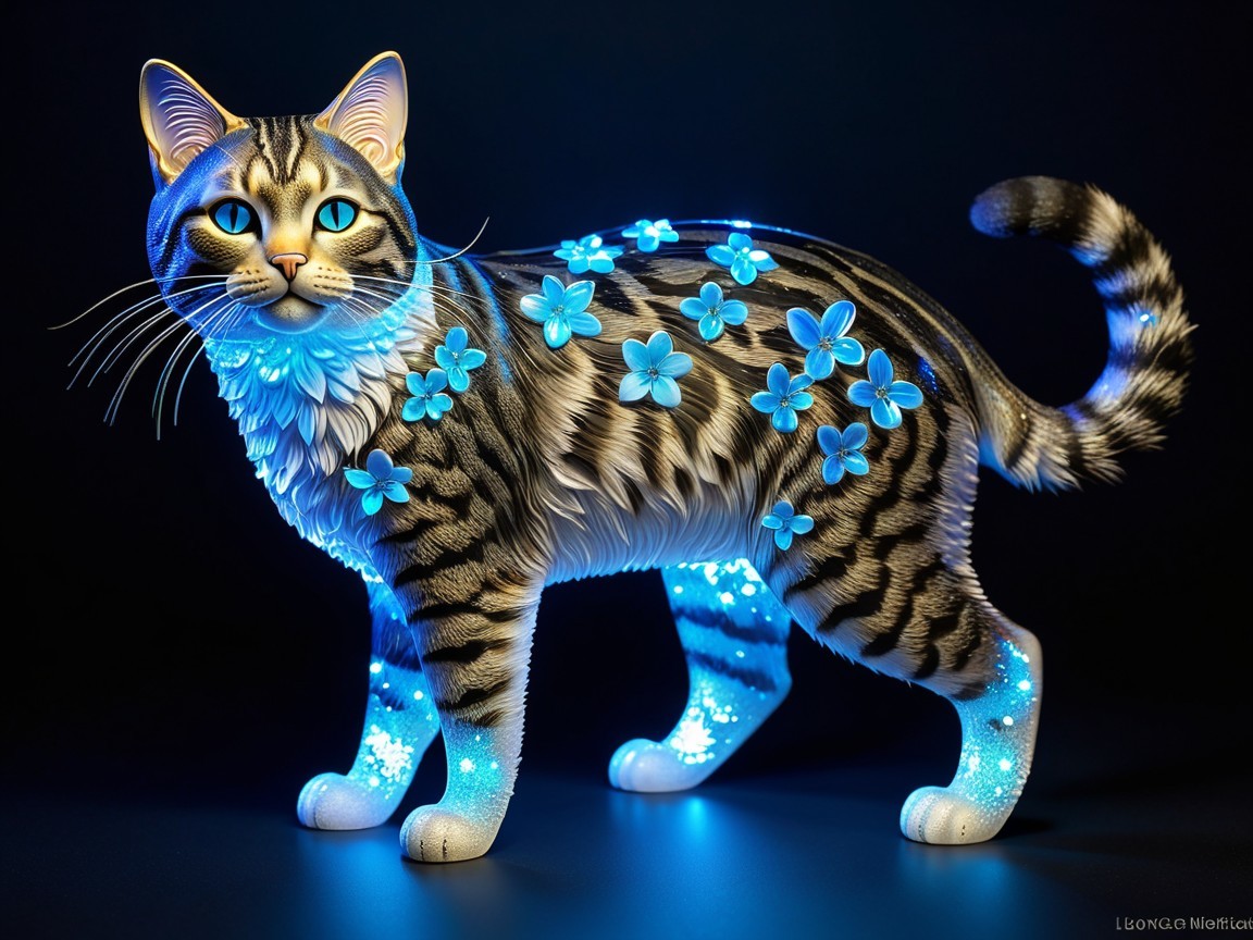 Figurine of a Cat with Blue Eyes and Glowing Flowers