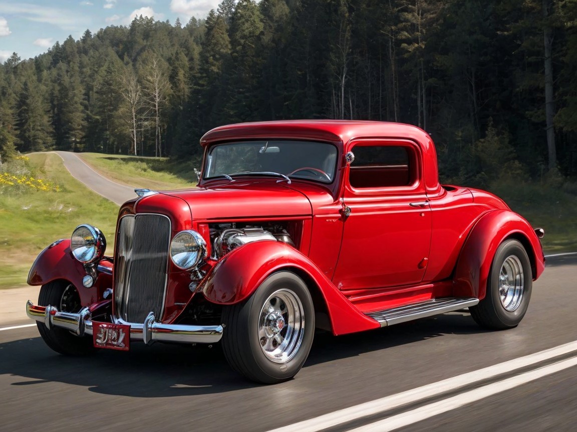 Classic Red Coupe on Scenic Road with Greenery